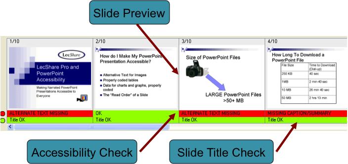 the slide tray, which shows each slide and if there are any accessibility errors on them