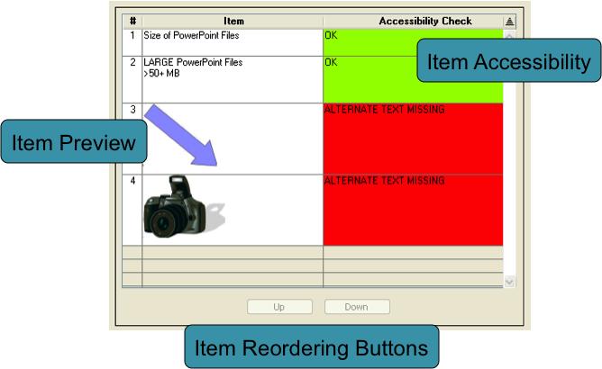 the slide item list, which shows every item on a slide and any accessibility information or errors associated with it