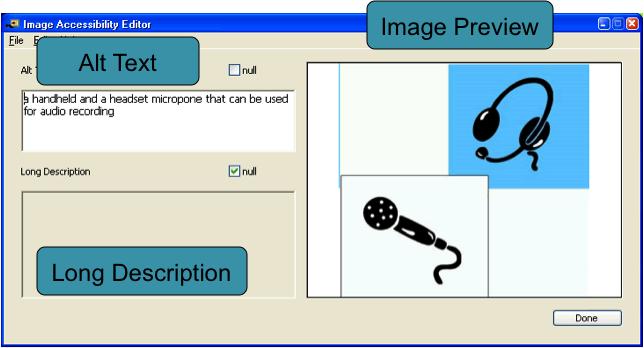 the image accessibility editor, where you can enter alt text or a long description