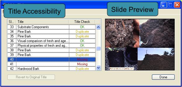 the slide title editor which tells of there are missing or duplicate titles