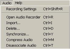 LecShare Pro's audio menu, which lets you choose between recording settings, open audio recorder, import, delete, synchronize, compress audio, and disassociate audio