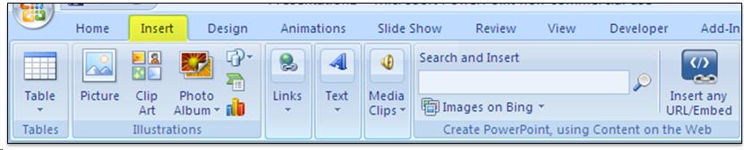 Insert ribbon screenshot. The insert tab is highlighted