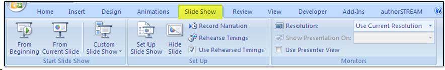 Slide show ribbon screenshot. The slide show tab is highlighted