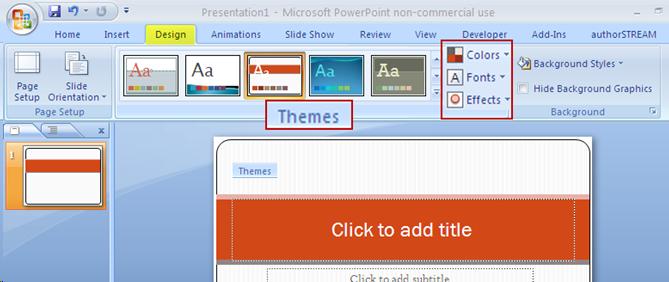 Screenshot of selecting a Theme for the slides on PowerPoint. The themes group Title and the menus for Colors, Fonts and Efects are highlighted