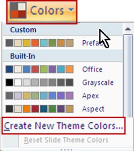 Screenshot of selecting different theme colors. The optrion Create a New Theme Colors is highlighted