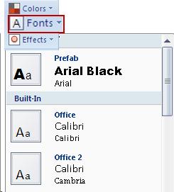 Screenshot of changing the fonts on a slide. The Fonts option is highlighted