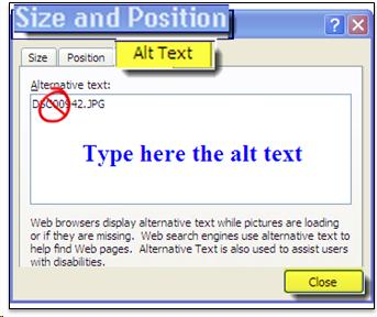 The Size and position dialog box is shown. The image file name that for default is shown in most cases has has "no" symbol over it Type here the alt text is written in the area for the alt text. The Alt text tab and the close button are highlighted