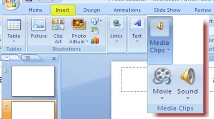 The insert ribbon tab is highlighted as well as the Media clips button and the movie and sound button that are display when the mouse is hover on it.