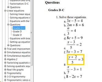 Cropped screenshot of ReadHear showing math content. The section shown is titled "Questions" and subtitled "Grades D-C".  Several equations are shown, all of them algebraic expressions of varying difficulty. The seventh equation is highlighted.   That equation is:   Start fraction, y + 2, over, 5, end fraction, equals 3  