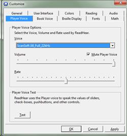 Screenshot of the ReadHear Customize window, which has ten tabs. The "Player Voice" tab is selected, and the window shows controls for the Player Voice, including:   Voice Selection dropdown  Volume slider  Rate slider  Mute checkbox  Test button