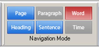Cropped screenshot of the Navigation Mode button cluster from the ReadHear main screen. There are six buttons:   Page (blue)  Heading (blue)  Sentence (blue)  Word (red)  Paragraph (gray)  Time (gray)