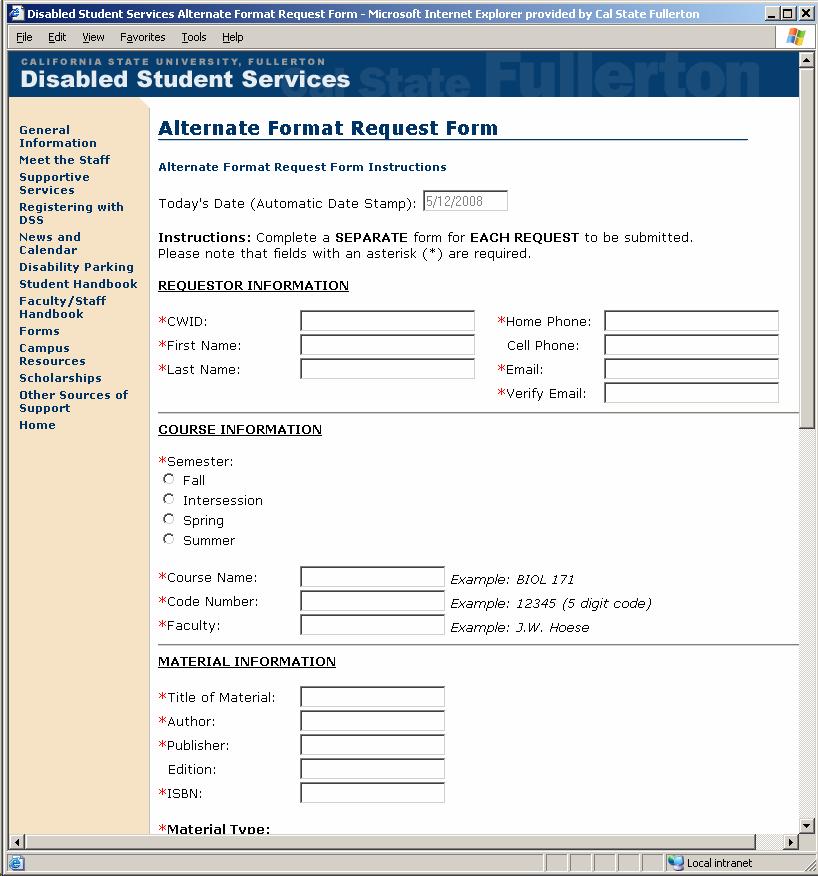 Screen shot of the online Alternate Format Request Form