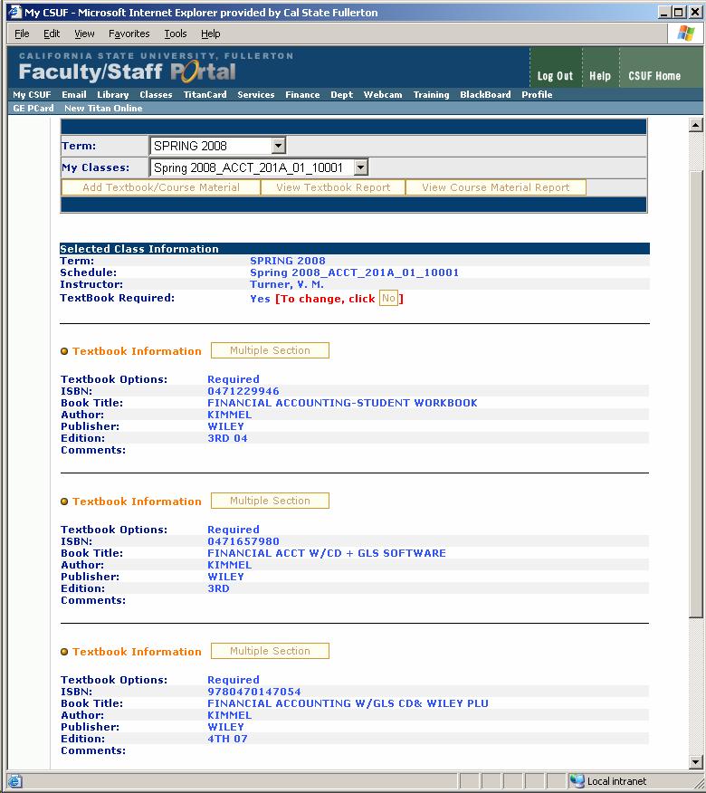 Screen shot of the CSUF Intructional Materials Database