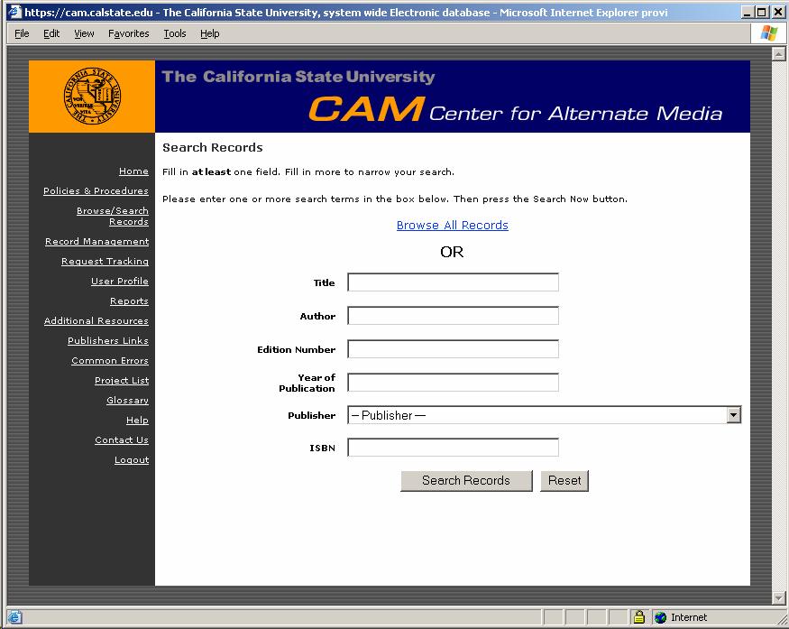 Screen shot of the CSU Center for Alternate Media Database