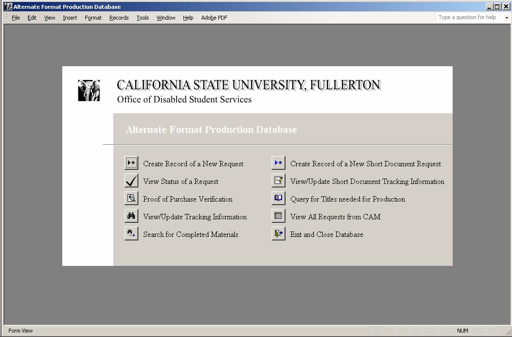 Screen shot of the Alt. Format Production Database's switchboard