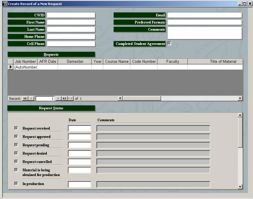 Screenshot of the "Create Record of a New Request" form