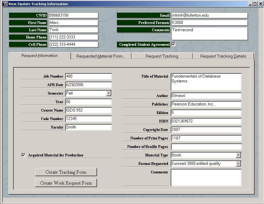 Screenshot of the "View/Update Tracking Information" form and displaying the request information