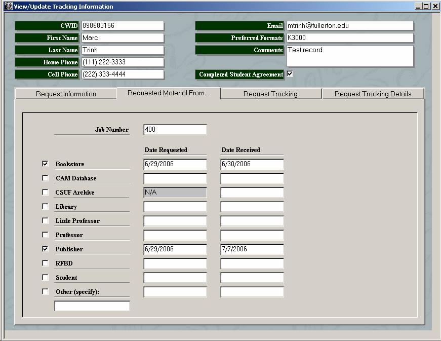 Screenshot of the "View/Update Tracking Information" form and displaying the requested material from information