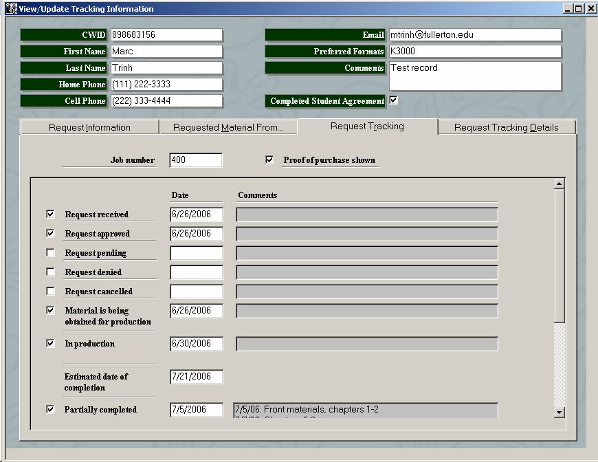 Screenshot of the "View/Update Tracking Information" form and displaying the request tracking information