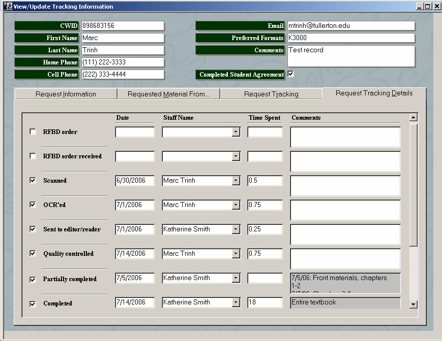 Screenshot of the "View/Update Tracking Information" form and displaying the request tracking details information