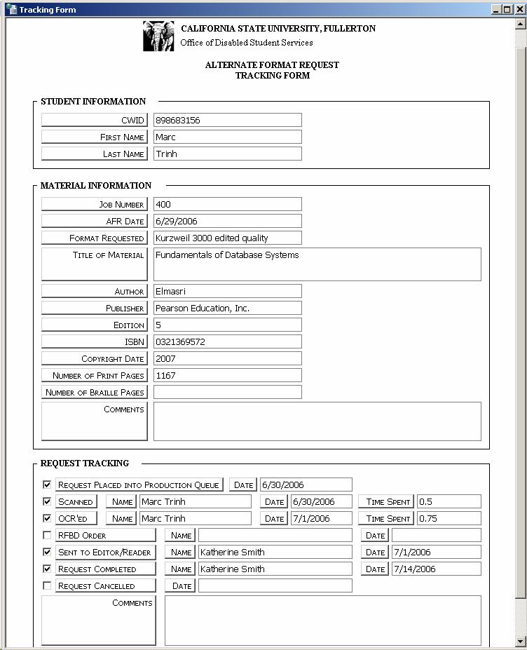 Screenshot of the Alternate Format Request Tracking Form