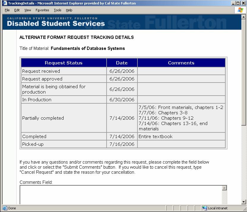 Screenshot of the Alternate Format Request Tracking Details in the student portal