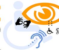 Sketch image of a person in a wheelchair, and eye, an ear, and hands doing sign language.