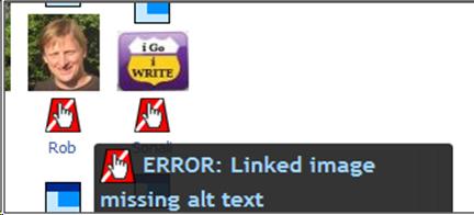 Example of automated tools showing error of missing alt text for linked images.