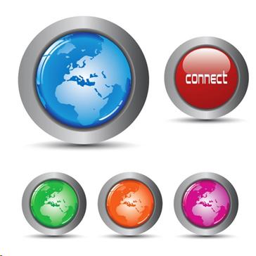 Snapshot of 5 different colored buttons withthe image of the globe inside each one except one that has the word "connect" inside it.