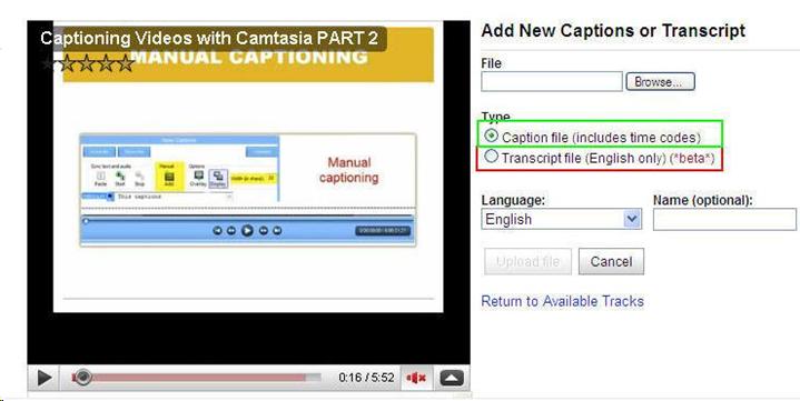 Screenshot of the 2 different captioning options provided by Yotube