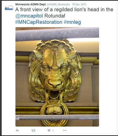 Twitter posting. Text: A front view of a regilded lion's head in the @mncapitol Rotunda! #MNCapResotration #mnleg. Image: lion's head.