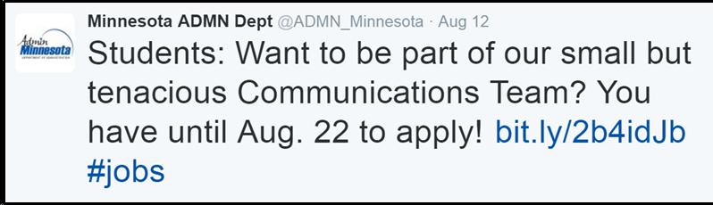 @ADMN_Minnesota's Aug 12 post: "Students: Want to be part of our small but tenacious Communications Team? You have until Aug. 22 to apply! bit.ly/2b4idJb #jobs