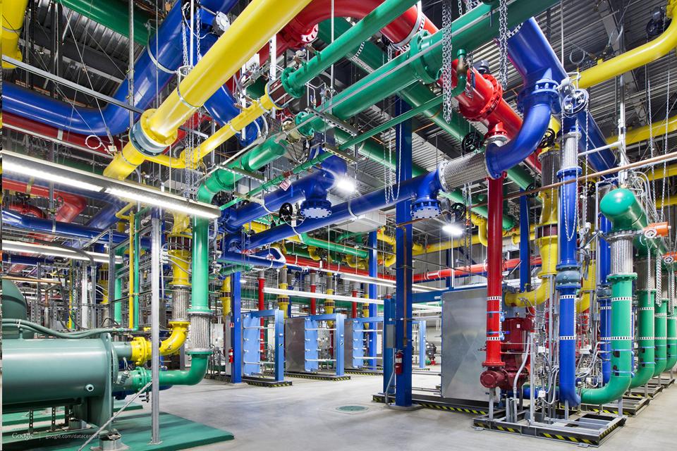 Inside Google's data center at The Dalles, Oregon: "These colorful pipes are responsible for carrying water in and out of our Oregon data center. The blue pipes supply cold water and the red pipes return the warm water back to be cooled."