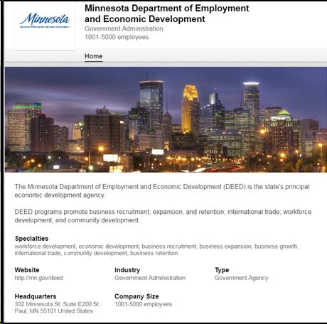 Screen shot of Minnesota Department of Employment and Economic Development's LinkedIn page. Image: photo of downtown Minneapolis. Text includes Headquarters address.