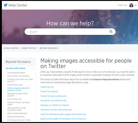 Screen shot of Twitter help center page with "Making images accessible for people on Twitter" heading.