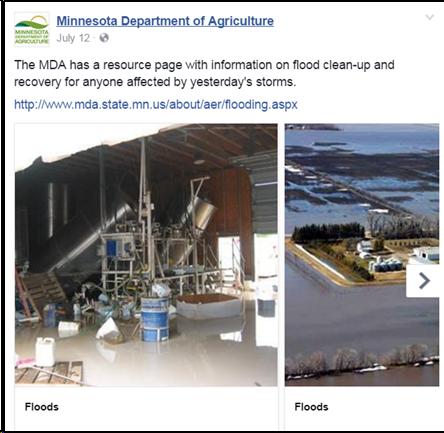 Minnesota Department of Agriculture's Facebook post on July 12 with link to their resource page which previews with images of floods (in a building, on farmland) and text "The MDA has a resource page with information on flood clean-up and recovery for anyone affected by yesterday's storms."