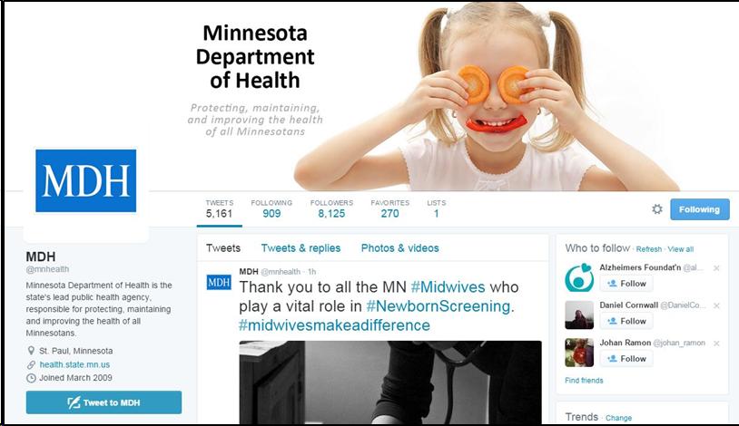 Screen shot of Minnesota Department of Health's Twitter Profile