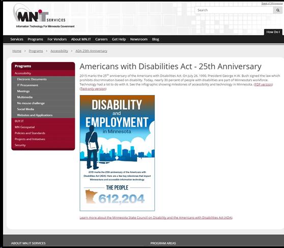 Screen shot of MN.IT Services Americans with Disabilities Act 25th Anniversary webpage with Infographic.