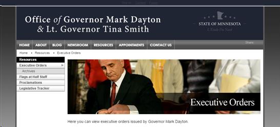 Screen shot of Governor Dayton's Executive Order webpage.