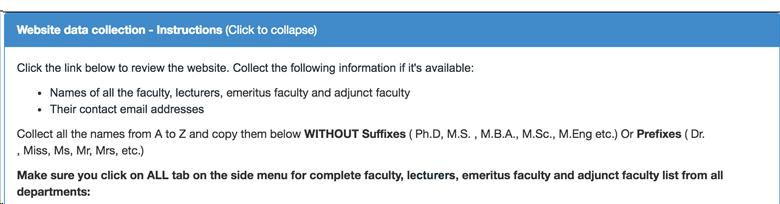 Screen shot showing website data collection instructions.