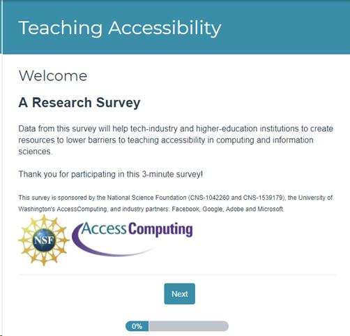 Screen shot of Teaching Accessibility survey website