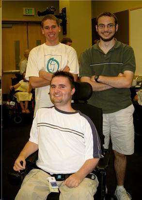 Students at an internship at Microsoft, one with a learning disability and one who uses a wheelchair for mobility