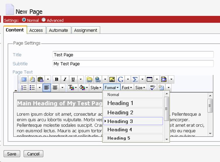 Screen shot of Angel's GUI editor, showing the use of the Format button, which can be used to adding various levels of headings to the content of the page.