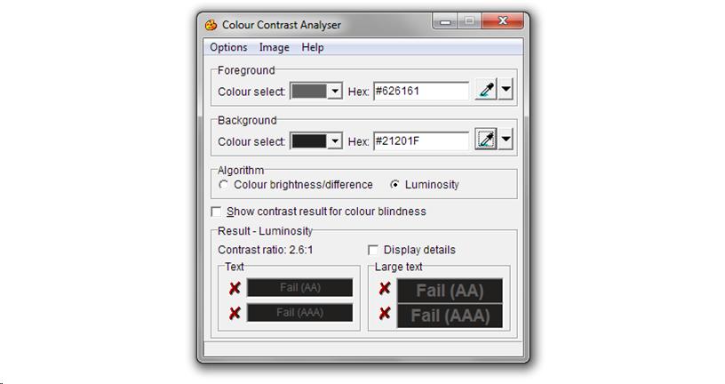 Screen shot of Colour Contrast Analyser, showing "Fail" on four color measures