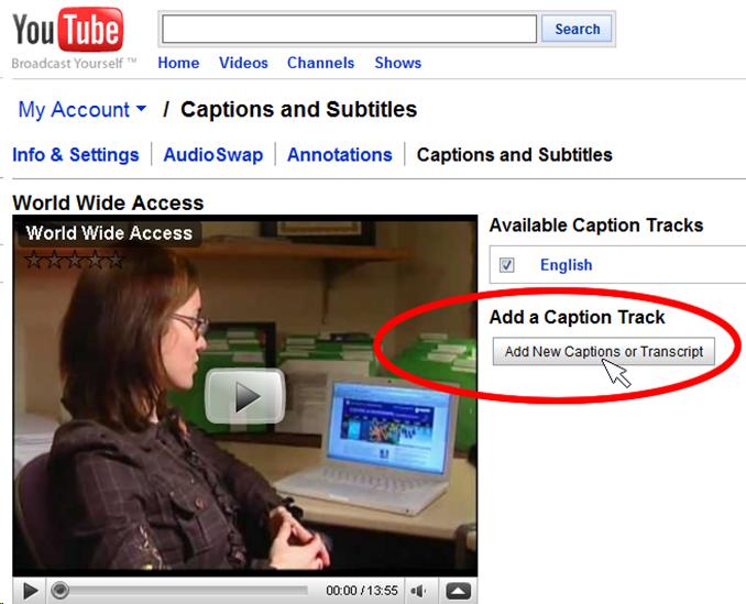 Screen shot of the video edit page on YouTube, which supports uploading of closed captions.