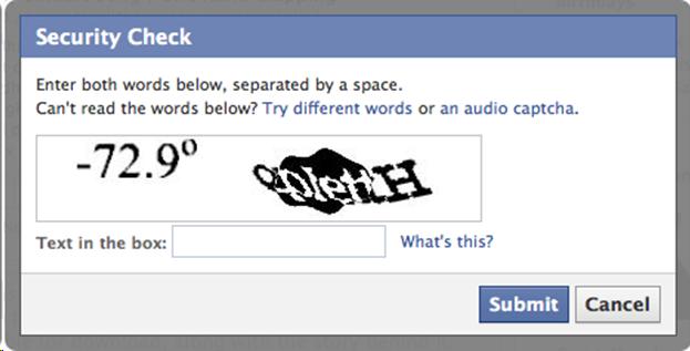 CAPTCHA from Facebook, includes text that is practically impossible to decipher