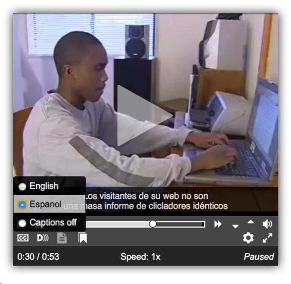 Screen shot of Able Player with a captions menu, showing options for English, Espanol, and Captions Off