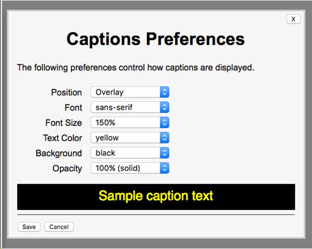 Screen shot of Captions Preferences dialog
