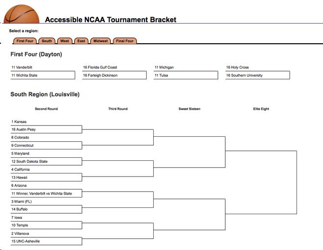 Screen shot of Accessible NCAA Tournament Bracket website