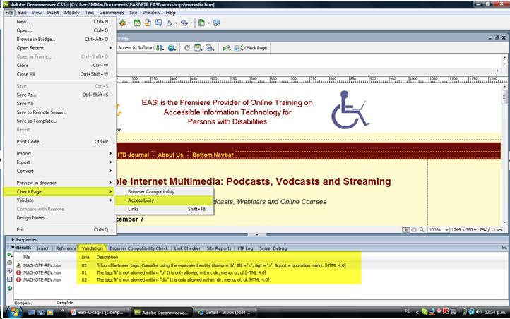 Check page for accessibility option in Dreamweaver screenshot